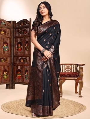Black ethnic lichi silk blend graceful woven saree 3