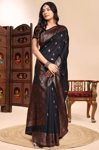 Black ethnic lichi silk blend graceful woven saree
