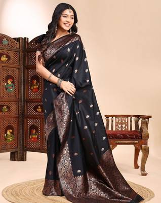 Black ethnic lichi silk blend graceful woven saree 4