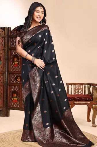Black ethnic lichi silk blend graceful woven saree