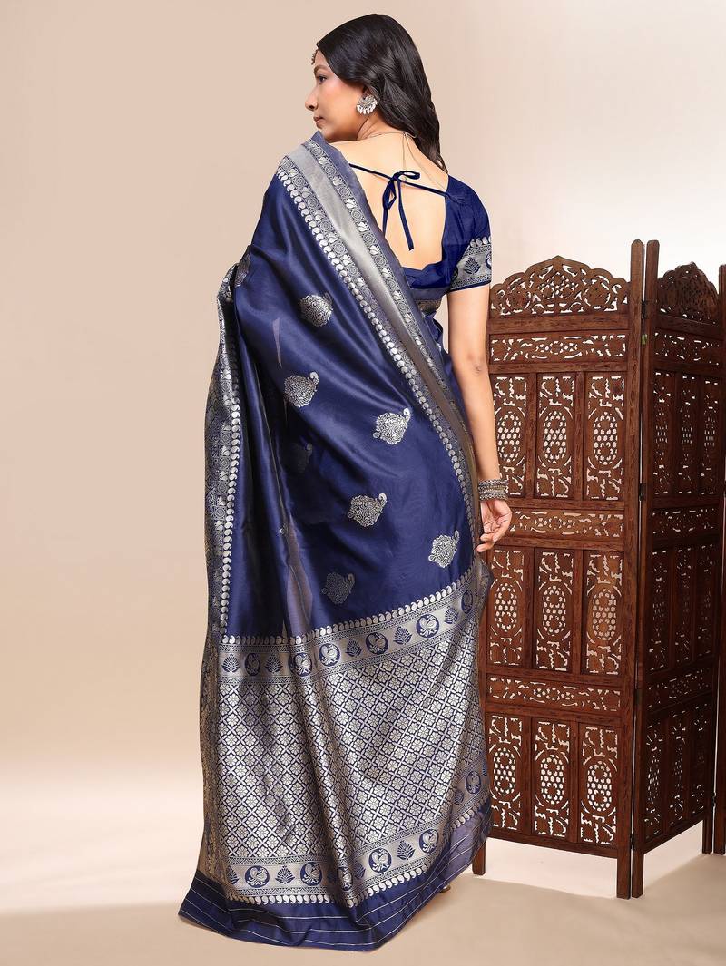 Blue color ethnic lichi silk fabric graceful woven designer saree