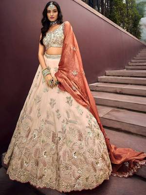 Outstanding Soft Beige Embroidered Silk Wedding Wear Lehenga Choli 1