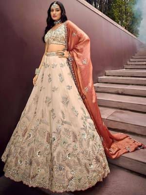 Outstanding Soft Beige Embroidered Silk Wedding Wear Lehenga Choli 2