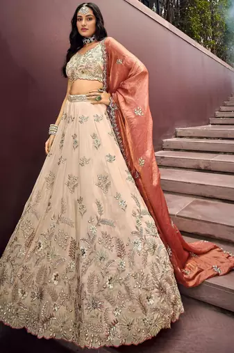 Outstanding Soft Beige Embroidered Silk Wedding Wear Lehenga Choli