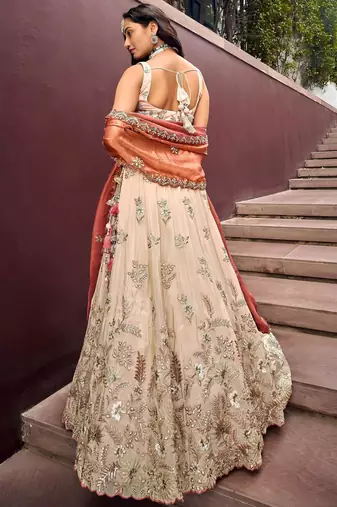 Outstanding Soft Beige Embroidered Silk Wedding Wear Lehenga Choli