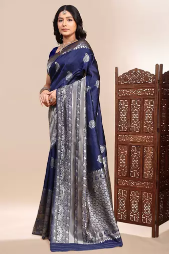 Blue ethnic lichi silk blend graceful woven saree