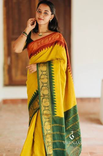 Mustard soft silk blend banarasi jacuard work designer saree with blouse