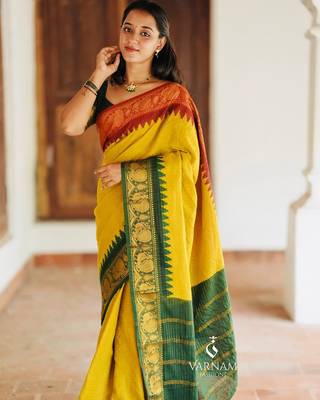 Mustard silk blend banarasi jaquard designer saree with blouse 1