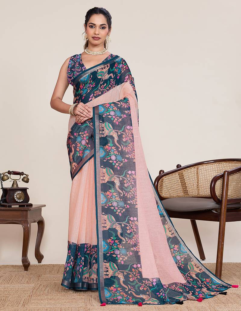 Peach color linen silk fabric beautiful partywear saree
