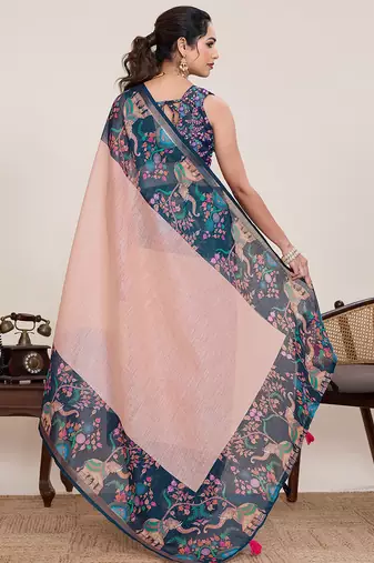 Peach linen silk blend partywear saree