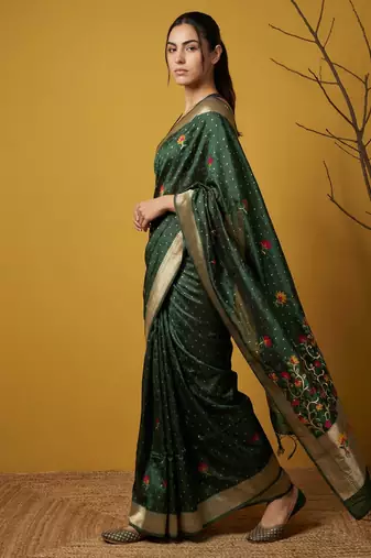 Soft organza meenakari woven saree with jamdani zari pallu and brocade blouse