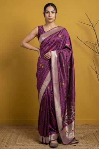 Soft organza meenakari woven saree with jamdani zari pallu and brocade blouse