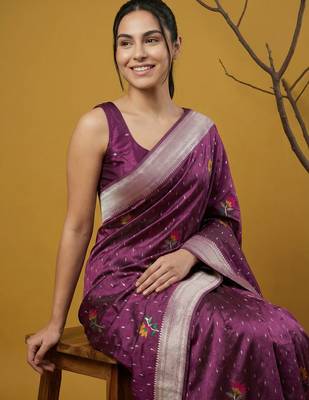 Soft organza meenakari woven saree with jamdani zari pallu and brocade blouse 2