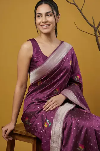 Soft organza meenakari woven saree with jamdani zari pallu and brocade blouse