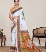 Cream color linen silk fabric beautiful partywear saree