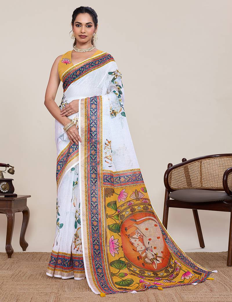 Cream color linen silk fabric beautiful partywear saree