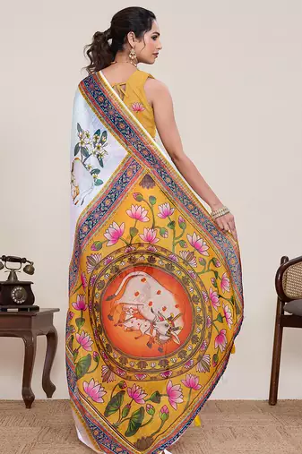 Cream linen silk blend partywear saree