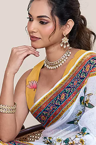 Cream linen silk blend partywear saree