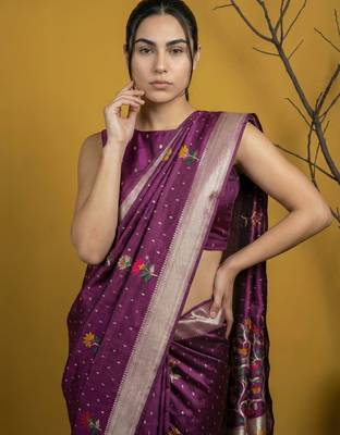 Soft organza meenakari woven saree with jamdani zari pallu and brocade blouse 3