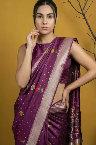 Soft organza meenakari woven saree with jamdani zari pallu and brocade blouse