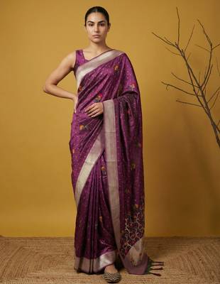 Soft organza meenakari woven saree with jamdani zari pallu and brocade blouse 4