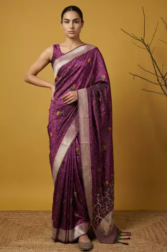 Soft organza meenakari woven saree with jamdani zari pallu and brocade blouse