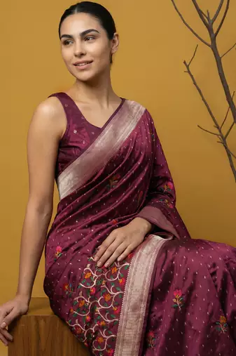 Soft organza meenakari woven saree with jamdani zari pallu and brocade blouse
