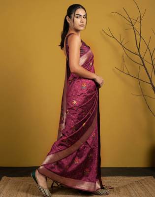 Soft organza meenakari woven saree with jamdani zari pallu and brocade blouse 5