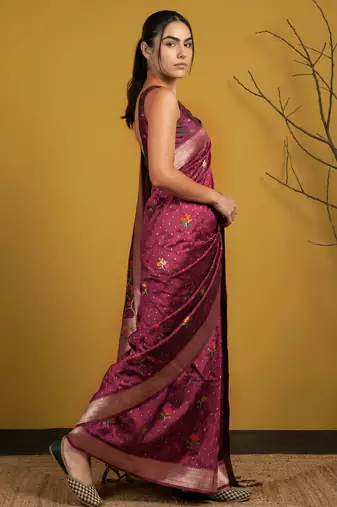 Soft organza meenakari woven saree with jamdani zari pallu and brocade blouse
