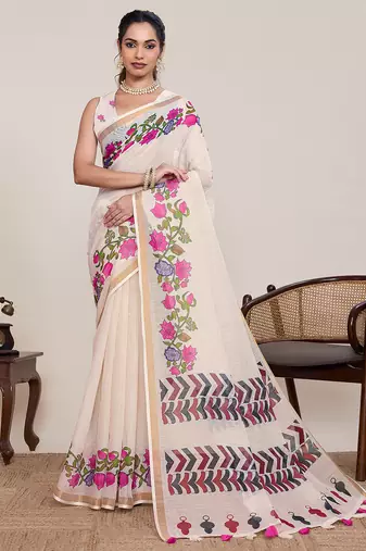 Off white color linen silk fabric beautiful partywear saree