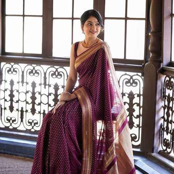 Wine silk blend banarasi jaquard designer saree with blouse 1