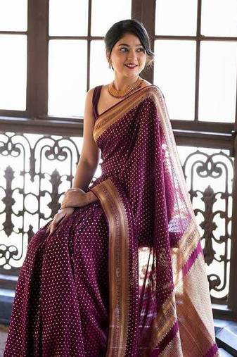 Wine soft silk blend banarasi jacuard work designer saree with blouse