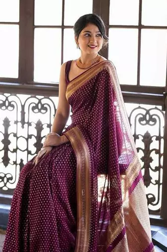 Wine soft silk blend banarasi jacuard work designer saree with blouse