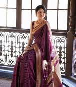 Wine soft silk blend banarasi jacuard work designer saree with blouse