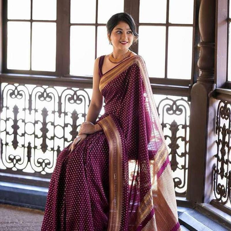 Wine soft silk blend banarasi jacuard work designer saree with blouse