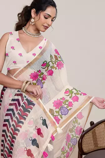 Off white linen silk blend partywear saree