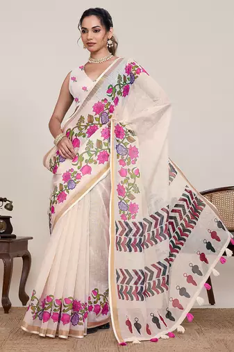 Off white linen silk blend partywear saree