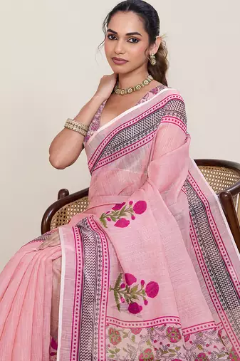 Pink linen silk blend partywear saree