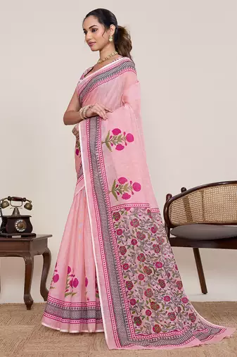 Pink linen silk blend partywear saree