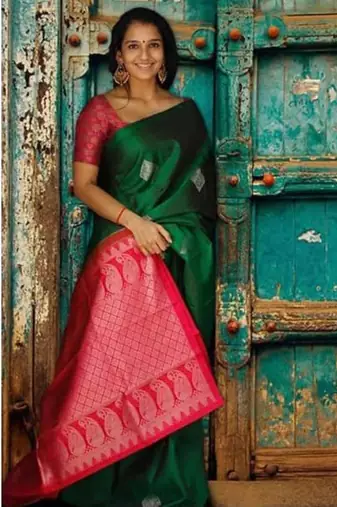 Green soft silk blend banarasi jacuard work designer saree with blouse