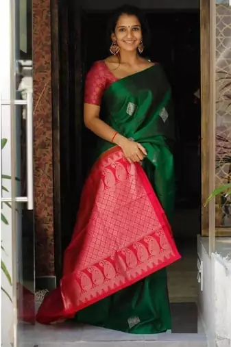 Green silk blend banarasi jaquard designer saree with blouse