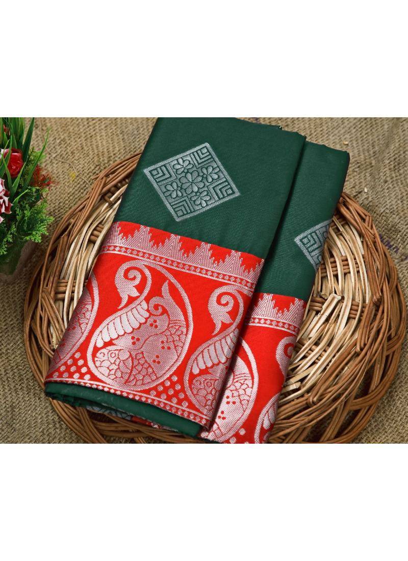 Green soft silk blend banarasi jacuard work designer saree with blouse