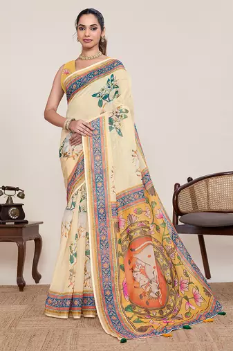 Yellow color linen silk fabric beautiful partywear saree