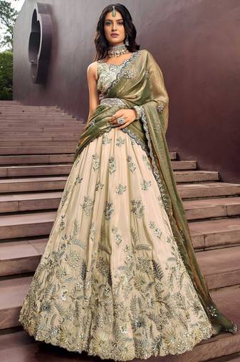 Precious Soft Beige Embroidered Silk Wedding Wear Lehenga Choli