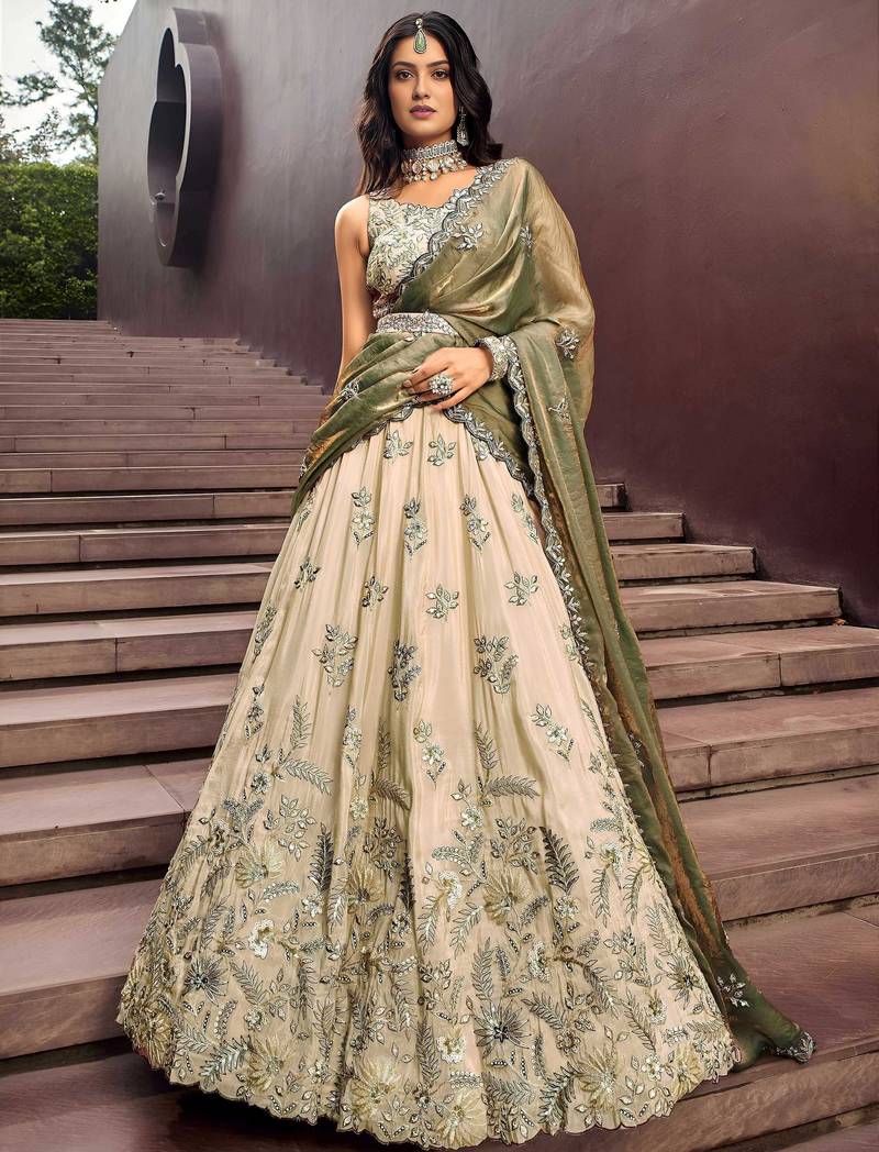 Precious Soft Beige Embroidered Silk Wedding Wear Lehenga Choli