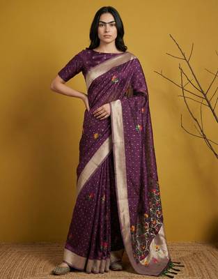Soft organza meenakari woven saree with jamdani zari pallu and brocade blouse 1