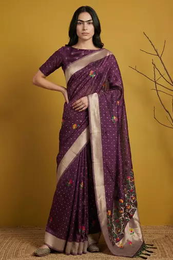 Soft organza meenakari woven saree with jamdani zari pallu and brocade blouse