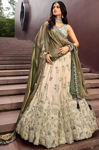 Precious Soft Beige Embroidered Silk Wedding Wear Lehenga Choli