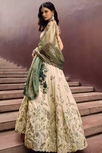 Precious Soft Beige Embroidered Silk Wedding Wear Lehenga Choli
