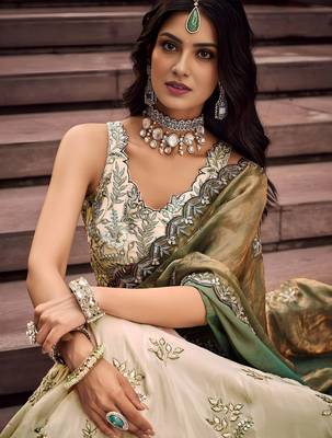 Precious Soft Beige Embroidered Silk Wedding Wear Lehenga Choli 5